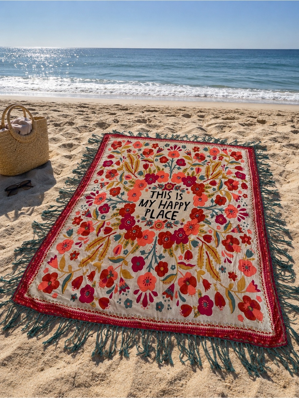 Natural life fringe floral this is my happy place” picnic beach blanket /towel